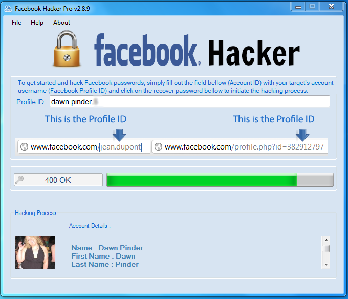 codes for hacking facebook account